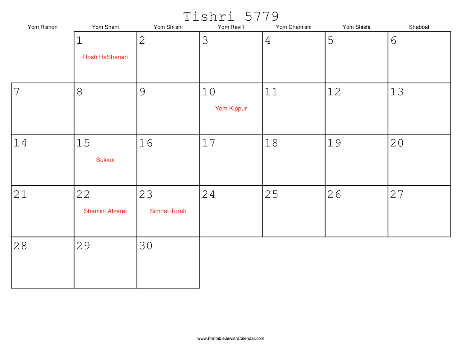 Print Calendars with Hebrew Dates and Jewish Holidays
