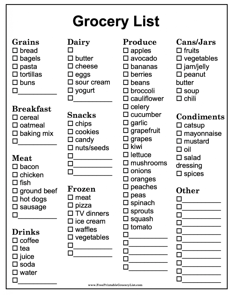 Free Printable Menu Grocery List